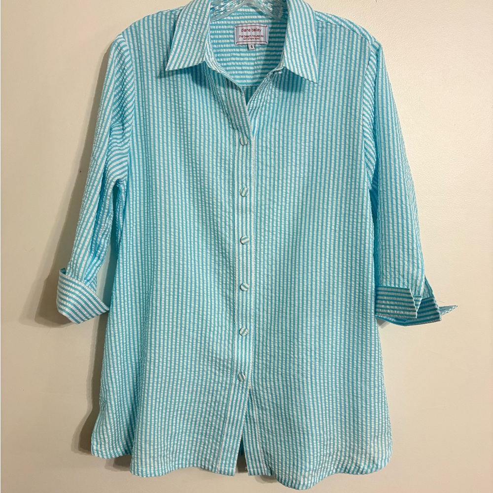 Diane Bailey Beth Blouse Aqua  Teal Striped Women's Top Size Small NWOT